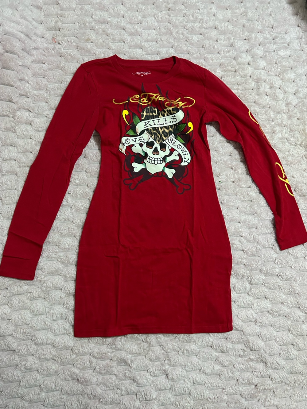Ed Hardy Red Long Sleeve Kids Tee with Skull Graphic